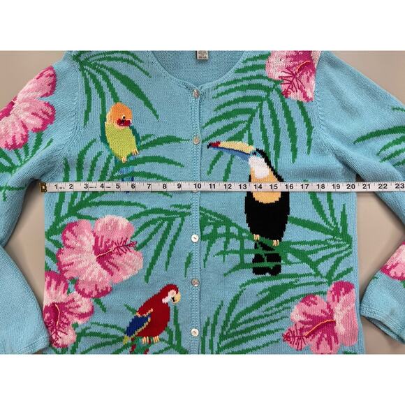 Vintage Tropical Toucan Sweater Womens L Blue Button Up Resort Florida Vacation - Picture 8 of 16